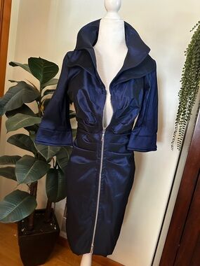 Joseph Ribkoff Navy Satin Zip-Front Midi Dress